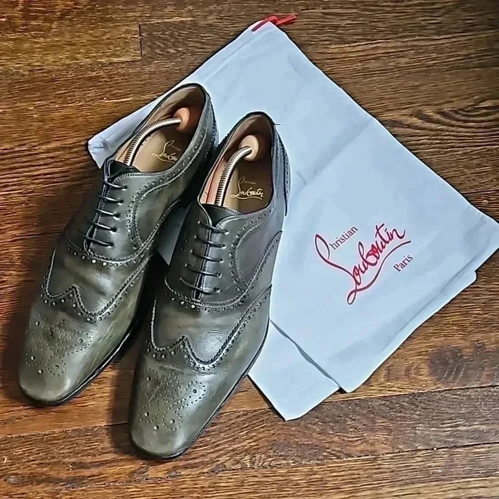 Christian Louboutin Burnished Gray Leather Brogue Size 13 shoe trees & dust bags - Picture 1 of 10